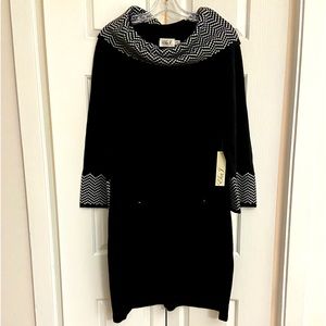 Eliza J Black & White Plus Size Turtle Neck Cowl Sweater Dress w/Bell Sleeve